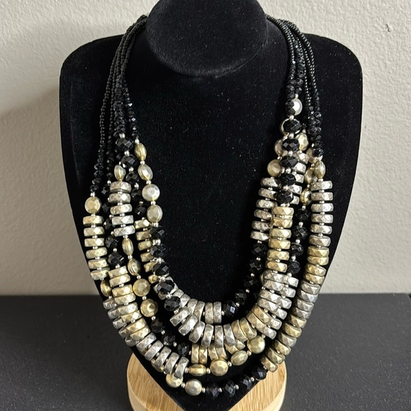Chico’s Silver Gold Black Beaded Bead Multi Strand Classy Necklace​​ - Picture 1 of 8
